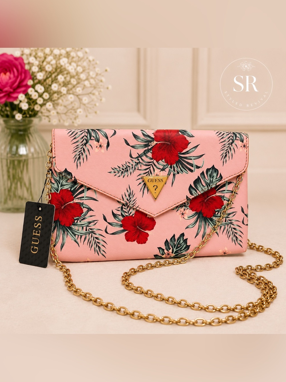 GUESS Pink Floral Envelope Clutch with Gold Chain